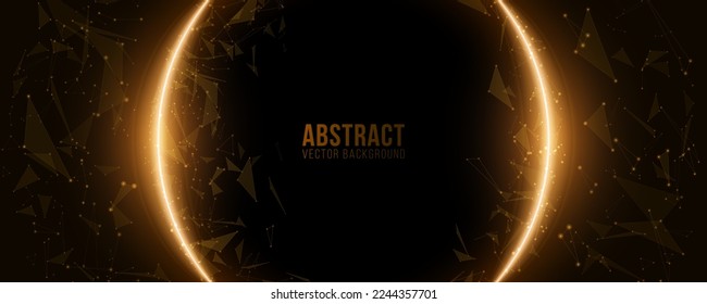 Abstract glowing banner of golden flying plexus triangles on black background. Futuristic background for your design. Vector illustration. EPS 10