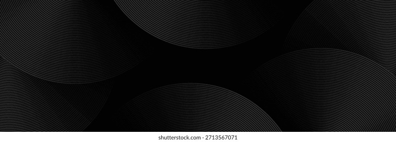 Abstract glowing black geometric lines, modern glossy gray circle line pattern, modern black gray gradient rings. Suitable for banners, covers, posters, presentations, brochures, flyers, and headers.