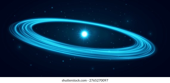 Abstract glowing blue atom with swirling dynamic elliptical light trails circling a radiant central energy source. Atomic energy concept for scientific backdrop. Vector illustration.