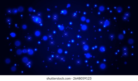 Abstract glowing blue bokeh and sparkle light background. Beautiful festive backdrop with blurred circles and shining stars on dark night sky. Perfect for holiday, Christmas, New Year, celebration.