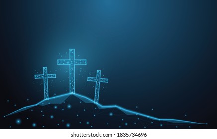 Abstract glowing blue cross. Crucifixion Of Jesus Christ. Low polygon, particle, and triangle style design.Wireframe light connection structure.concept religion, Christian worship, easter day, praying