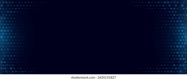 Abstract glowing blue hexagons for Science or FinTech background. Cyber honeycomb mosaic. Scientific research presentation backdrop for webinar or forum. Vector Illustration