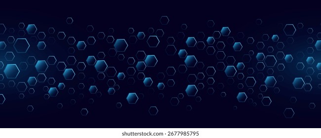 Resumo hexagons azuis brilhantes para fundo de tecnologia ou finanças. Fundo cibernético de padrão de favo de mel futurista para apresentação de pesquisa científica ou design biotecnológico. Ilustração vetorial.