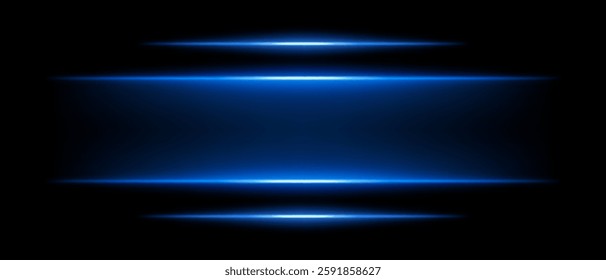 Abstract glowing blue light beams dark background. Four parallel neon streaks create a futuristic energy effect with smooth gradients radiant glow. Vibrant illumination modern digital aesthetic