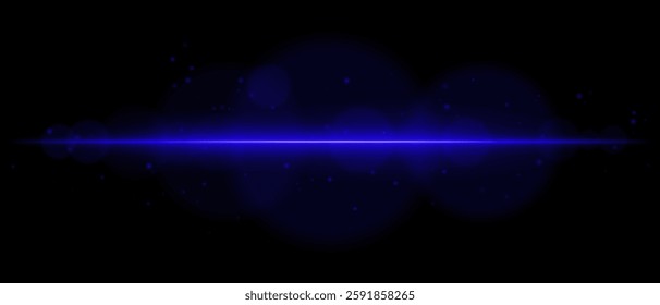 Abstract glowing blue light streak on a dark background. A horizontal neon beam with radiant flare, bokeh effects, and floating particles creates a futuristic and dynamic energy glow
