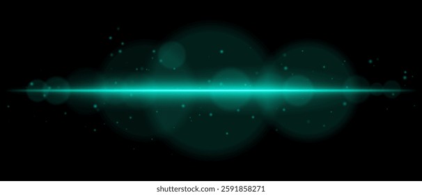 Abstract glowing blue light streak on a dark background. A horizontal neon beam with radiant flare, bokeh effects, and floating particles creates a futuristic and dynamic energy glow