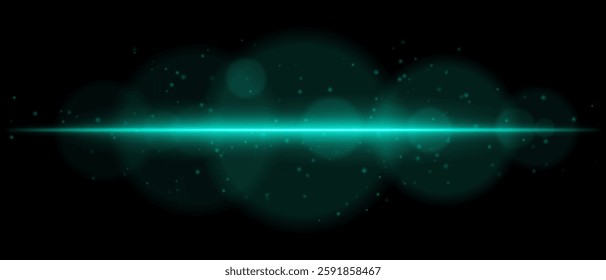 Abstract glowing blue light streak on a dark background. A horizontal neon beam with radiant flare, bokeh effects, and floating particles creates a futuristic and dynamic energy glow