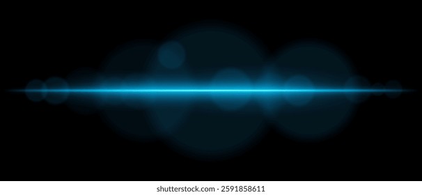 Abstract glowing blue light streak on a dark background. A horizontal neon beam with radiant flare and bokeh effects creates a futuristic and dynamic energy glow