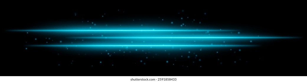 Abstract glowing blue light streaks on a dark background. Three parallel neon beams with radiant flare, motion blur, and scattered particles create a futuristic and dynamic energy effect