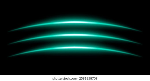 Abstract glowing blue light streaks dark background. Three curved energy lines with a bright neon effect create a futuristic and dynamic composition. Illumination with smooth gradients motion blur