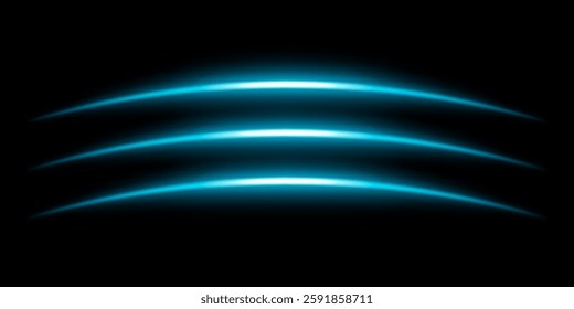 Abstract glowing blue light streaks dark background. Three curved energy lines with a bright neon effect create a futuristic and dynamic composition. Illumination with smooth gradients motion blur