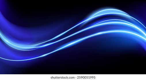 Abstract glowing blue light waves flow smoothly across a dark background, creating a futuristic and high tech visual. The neon streaks convey motion, energy, and modern digital aesthetics.Vector 