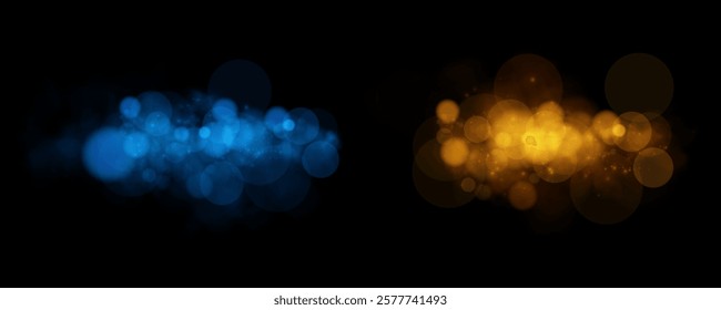 Abstract glowing blue and orange bokeh lights on a black background. The soft, diffused light effects create a dreamy, futuristic ambiance with a vibrant color contrast.