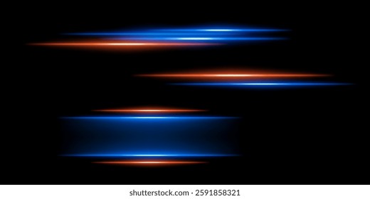 Abstract glowing blue and orange light streaks on a dark background. Multiple parallel neon beams with motion blur and radiant flare create a futuristic speed and energy effect