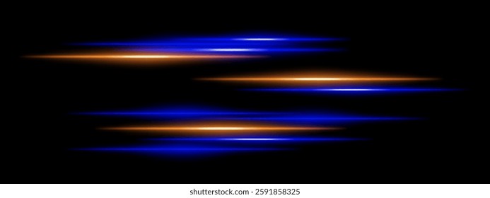 Abstract glowing blue and orange light streaks on a dark background. Multiple parallel neon beams with motion blur and radiant flare create a futuristic speed and energy effect