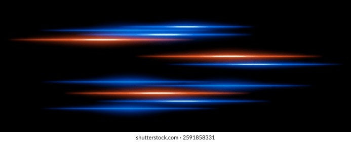 Abstract glowing blue and orange light streaks on a dark background. Multiple parallel neon beams with motion blur and radiant flare create a futuristic speed and energy effect