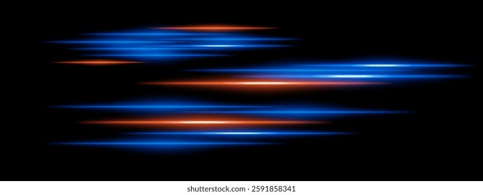 Abstract glowing blue and orange light streaks on a dark background. Multiple parallel neon beams with motion blur and radiant flare create a futuristic speed and energy effect