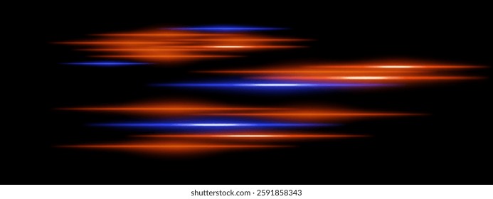 Abstract glowing blue and orange light streaks on a dark background. Multiple parallel neon beams with motion blur and radiant flare create a futuristic speed and energy effect
