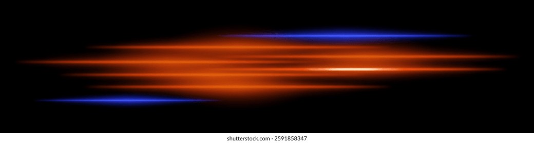 Abstract glowing blue and orange light streaks on a dark background. Multiple parallel neon beams with motion blur and radiant flare create a futuristic speed and energy effect