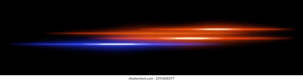 Abstract glowing blue and orange light streaks dark background. Parallel neon beams with radiant flare and motion blur create a futuristic speed energy effect. Smooth illumination sci-fi aesthetic