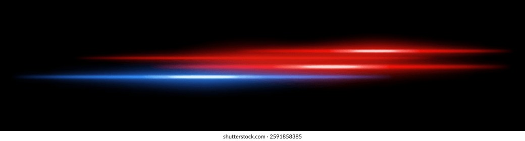 Abstract glowing blue and orange light streaks dark background. Parallel neon beams with radiant flare and motion blur create a futuristic speed energy effect. Smooth illumination sci-fi aesthetic