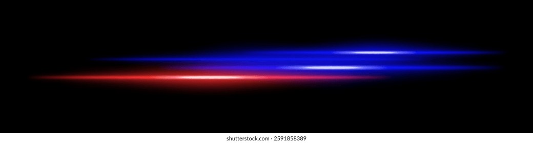 Abstract glowing blue and orange light streaks dark background. Parallel neon beams with radiant flare and motion blur create a futuristic speed energy effect. Smooth illumination sci-fi aesthetic
