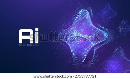 Abstract glowing blue particle wave background with AI deep learning concept. Futuristic technology, artificial intelligence neural network and high-speed data processing design.