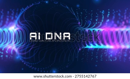 Abstract glowing blue particle wave background with AI DNA concept. Futuristic technology artificial intelligence brain and deep learning architecture. Vector illustration.
