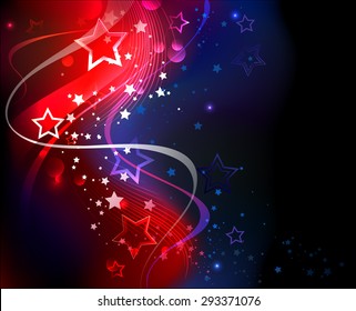 Abstract glowing blue and red abstract background with stars and flowing ribbons.