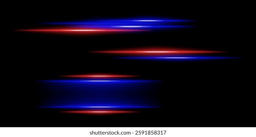 Abstract glowing blue and red light streaks on a dark background. Multiple parallel neon beams with motion blur and radiant flare create a futuristic speed and energy effect