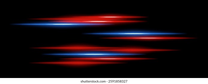 Abstract glowing blue and red light streaks on a dark background. Multiple parallel neon beams with motion blur and radiant flare create a futuristic speed and energy effect