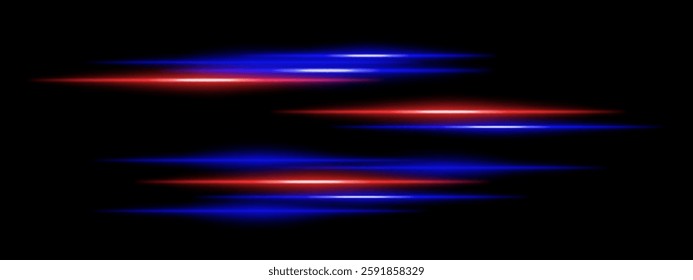 Abstract glowing blue and red light streaks on a dark background. Multiple parallel neon beams with motion blur and radiant flare create a futuristic speed and energy effect