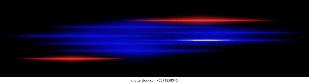Abstract glowing blue and red light streaks on a dark background. Multiple parallel neon beams with motion blur and radiant flare create a futuristic speed and energy effect