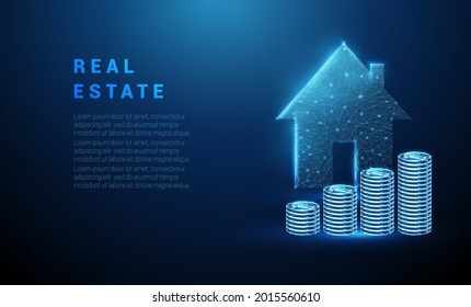 Abstract Glowing Blue Stack Of Coins And House Icon. Real Estate Concept. Low Poly Style. Geometric Background. Wireframe Light Connection Structure. Modern 3d Graphic Background. Vector Illustration