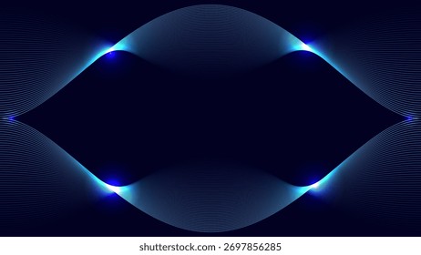 Linhas de ondas azuis brilhantes que formam um padrão futurista simétrico em um fundo escuro, ilustração vetorial