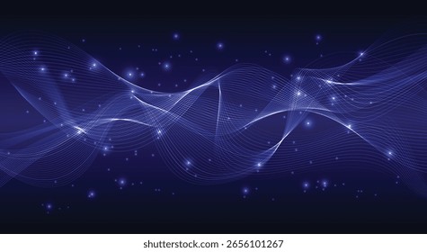 Abstractas líneas onduladas azules brillantes con partículas brillantes sobre fondo oscuro. Ideal para conceptos digitales, tecnológicos y futuristas. Vector EPS10.