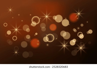 Abstract glowing bokeh effect on dark brown background with glitter. Vector illustration.