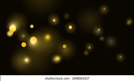 Resumen brillando las luces de bokeh con efectos de bengala borrosos sobre el negro. Brillo amarillo dorado luminoso festivo con efecto bokeh de luz de partículas. Plantilla excelente para el diseño Año nuevo y Feliz Navidad. Vector