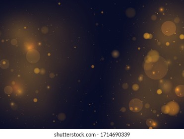 Abstract glowing bokeh lights isolated on black background. Festive golden luminous background with colorful lights bokeh. Magic concept. Christmas concept. Vector illustration, EPS 10.