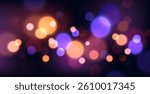 Abstract glowing bokeh lights with vibrant purple, orange, and pink circles on a dark transparent background. Concept of celebration and holiday. Vector illustration