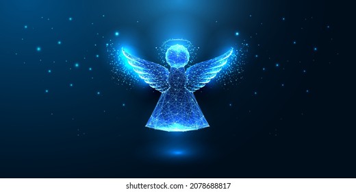 Abstract glowing Christmas Angel ornament made of lines and stars isolated on dark blue