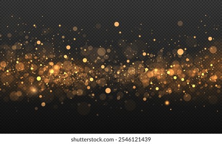 Abstract glowing christmas bokeh, defocused xmas light, sparkling golden particle, blur lens flare, gold dust sparkle and overlay texture photo effect isolated on dark transparent shiny background.