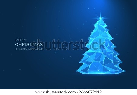 Abstract glowing Christmas tree. Triangular polygons, lines, and dots. Technology, network, and digital design. Futuristic xmas illustration. Holiday background for card, winter decoration concept.