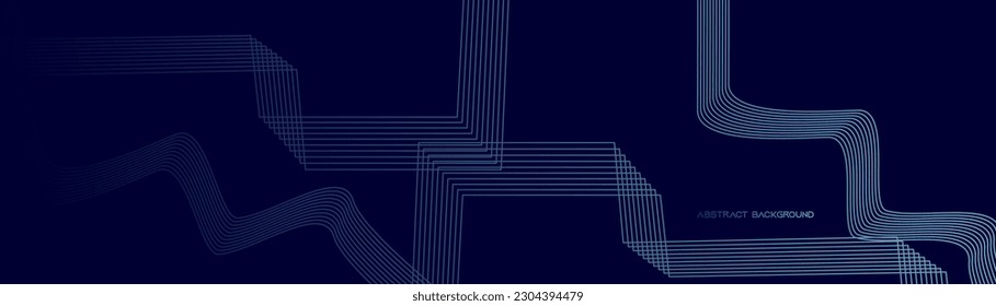 Resumen de líneas redondeadas brillantes sobre fondo azul oscuro.marrón.naranja.amarillo. Diseño de líneas geométricas. Moderno y brillante contorno azul. Concepto de tecnología futurista. Plantilla de banner horizontal.