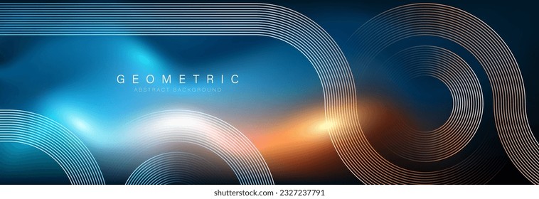 Abstract glowing circle lines on gradient background with blue and orange light effect. Geometric stripe line art design. Modern shiny lines. Futuristic technology concept. Vector illustration