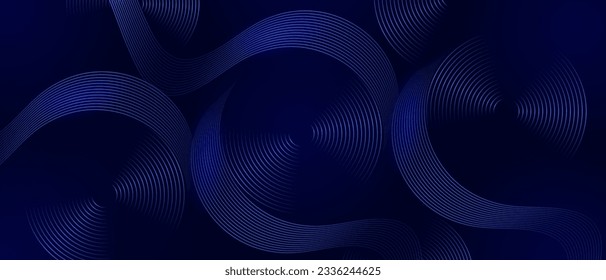 Abstrakte, hellblühende Kreislinien auf dunkelblauem Hintergrund. Geometrisches Stripe Line Art Design. Moderne glänzende blaue Linien. Futuristisches Technologiekonzept. Anzug für Poster, Cover, Banner, Broschüre, Website