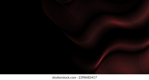 Resumen de líneas redondeadas brillantes sobre fondo rojo oscuro. Diseño de líneas de rayas geométricas. Líneas azules brillantes modernas. Concepto de tecnología futurista. Juego para afiche, portada, banner, folleto, líneas de arte ondulado