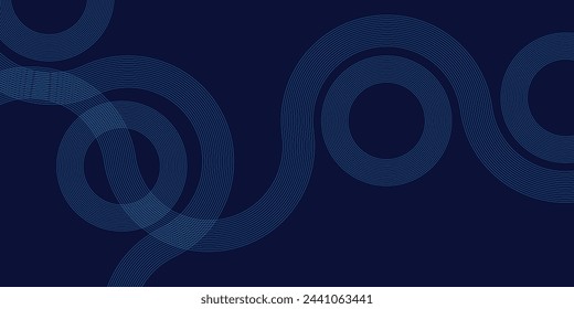 Líneas circulares brillantes abstractas sobre fondo azul oscuro. Diseño de arte geométrico de línea de franjas. Líneas azules brillantes modernas. Concepto de tecnología futurista. Traje para póster, portada, banner, folleto, sitio web