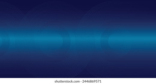Abstractas líneas de círculo brillante sobre fondo azul oscuro. Diseño de arte geométrico de línea de franjas. Líneas azules brillantes modernas. Concepto de tecnología futurista. Plantilla Horizontal del Anuncio. Vector