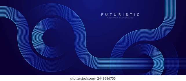 Abstractas líneas de círculo brillante sobre fondo azul oscuro. Diseño de arte geométrico de línea de franjas. Líneas azules brillantes modernas. Concepto de tecnología futurista. Traje para el negocio, póster, folleto, corporativo, Sitio web